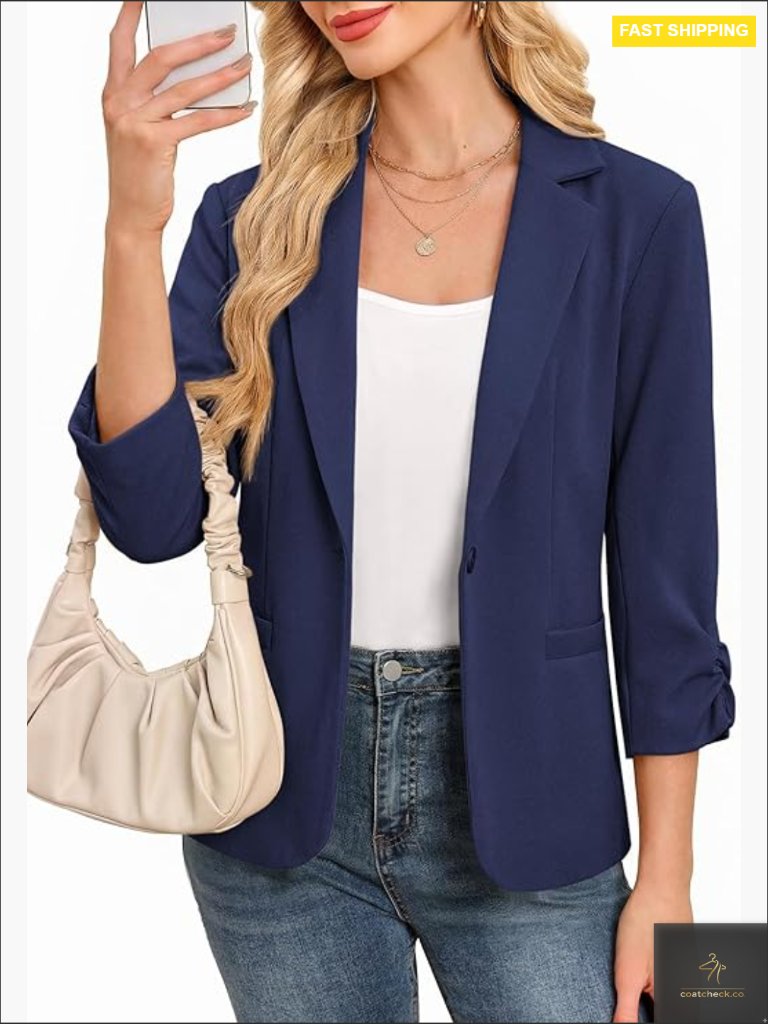 Ruched 3/4 Sleeve Blazer Fully Lined Lightweight Slim Fit Business Casual Suit